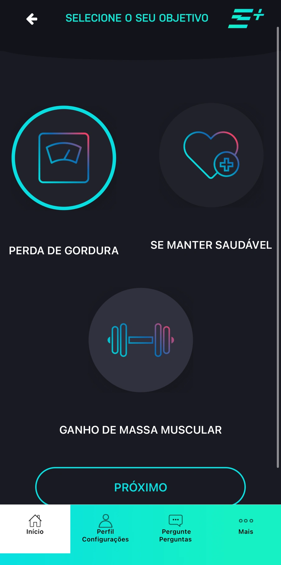 Tela do Evolt Active para seleção de objetivo