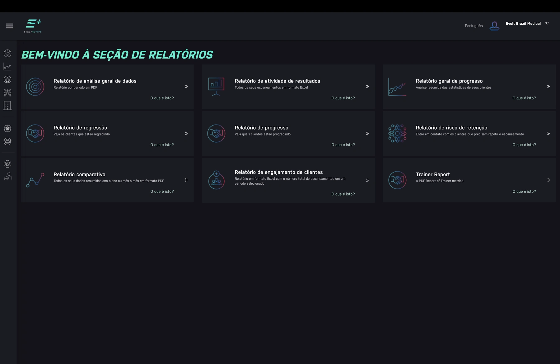 Catálogo de relatórios do Evolt Insights